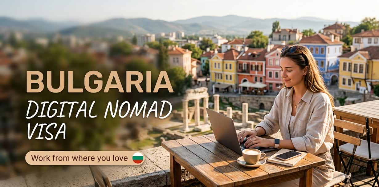 Банер с надпис „Bulgaria Digital Nomad Visa - Work from where you love“ върху снимка на жена, която работи с лаптоп на тераса над български стар град.